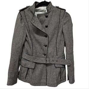 ZARA Herringbone Tweed Military Jacket in Black and Gray
